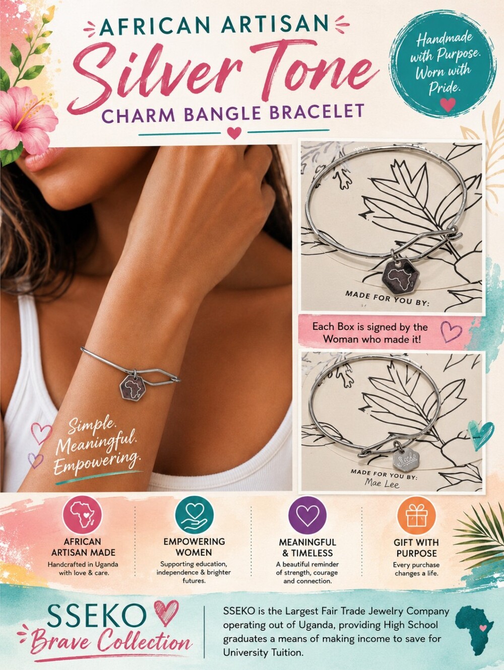 African Artisan Silver Tone Charm "Brave Collection" Bracelet